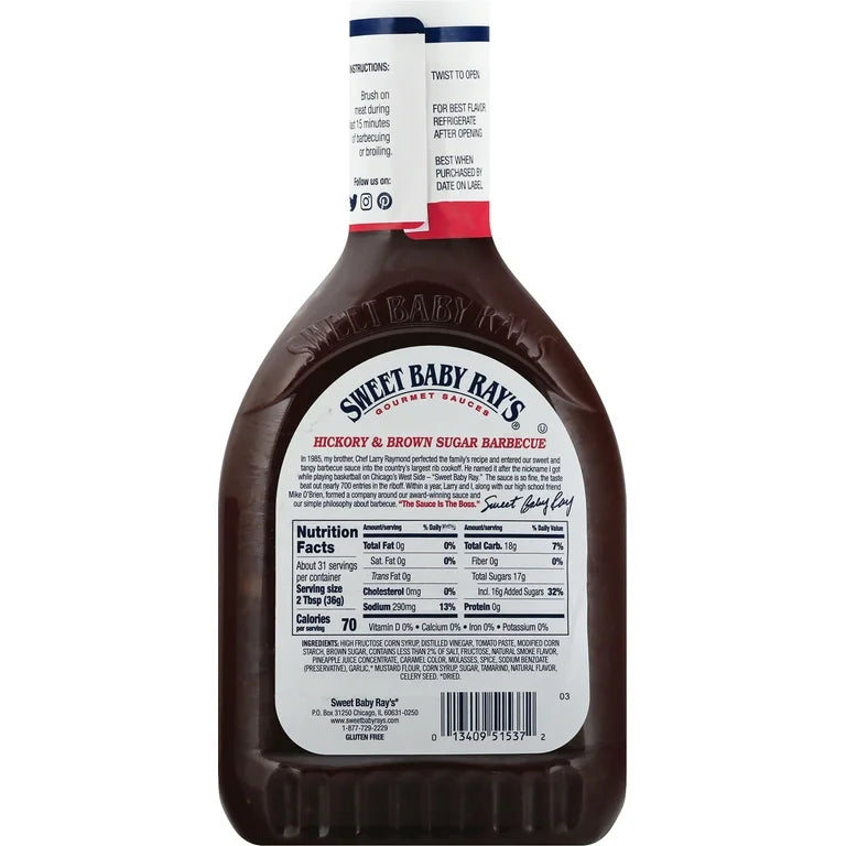 SALSA BBQ SWEET BABY RAY SHICKORY & BROWN SUGAR 18 OZ