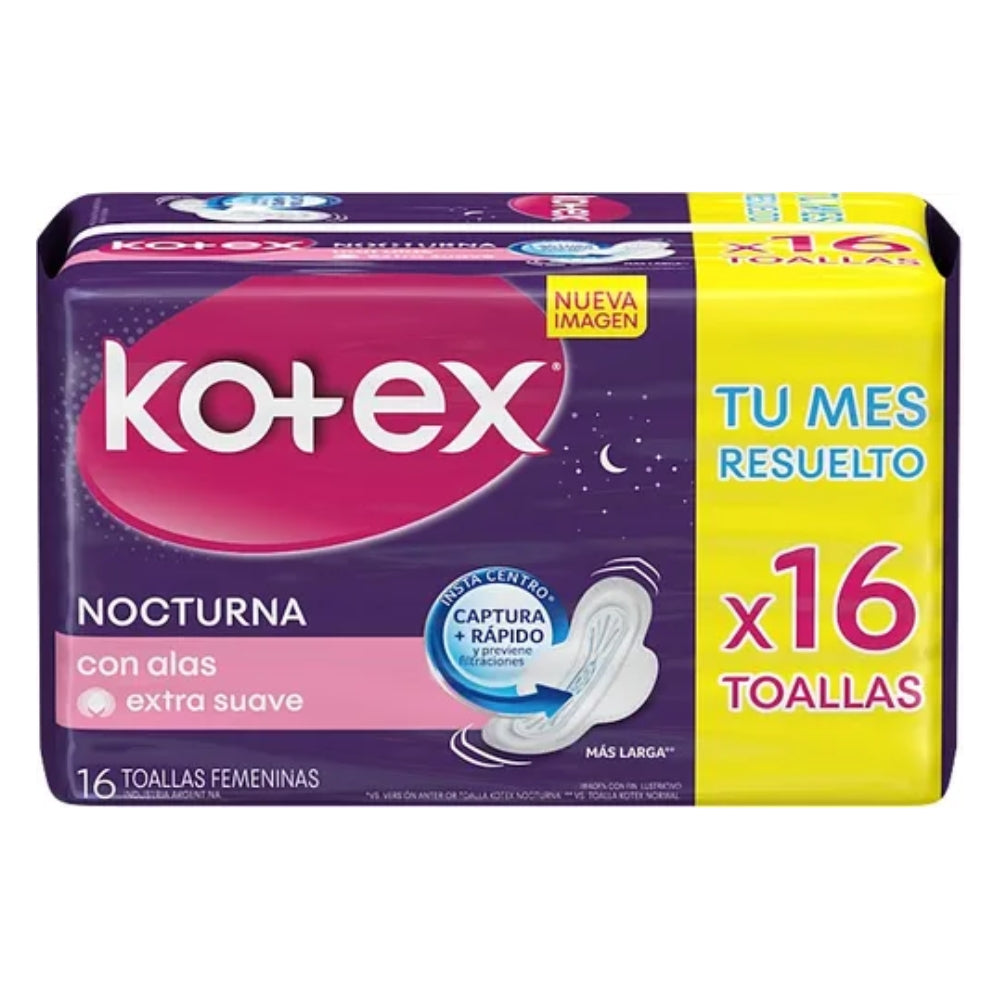 TOALLAS SANITARIAS KOTEX NOCTURNA CON ALAS 16 UND
