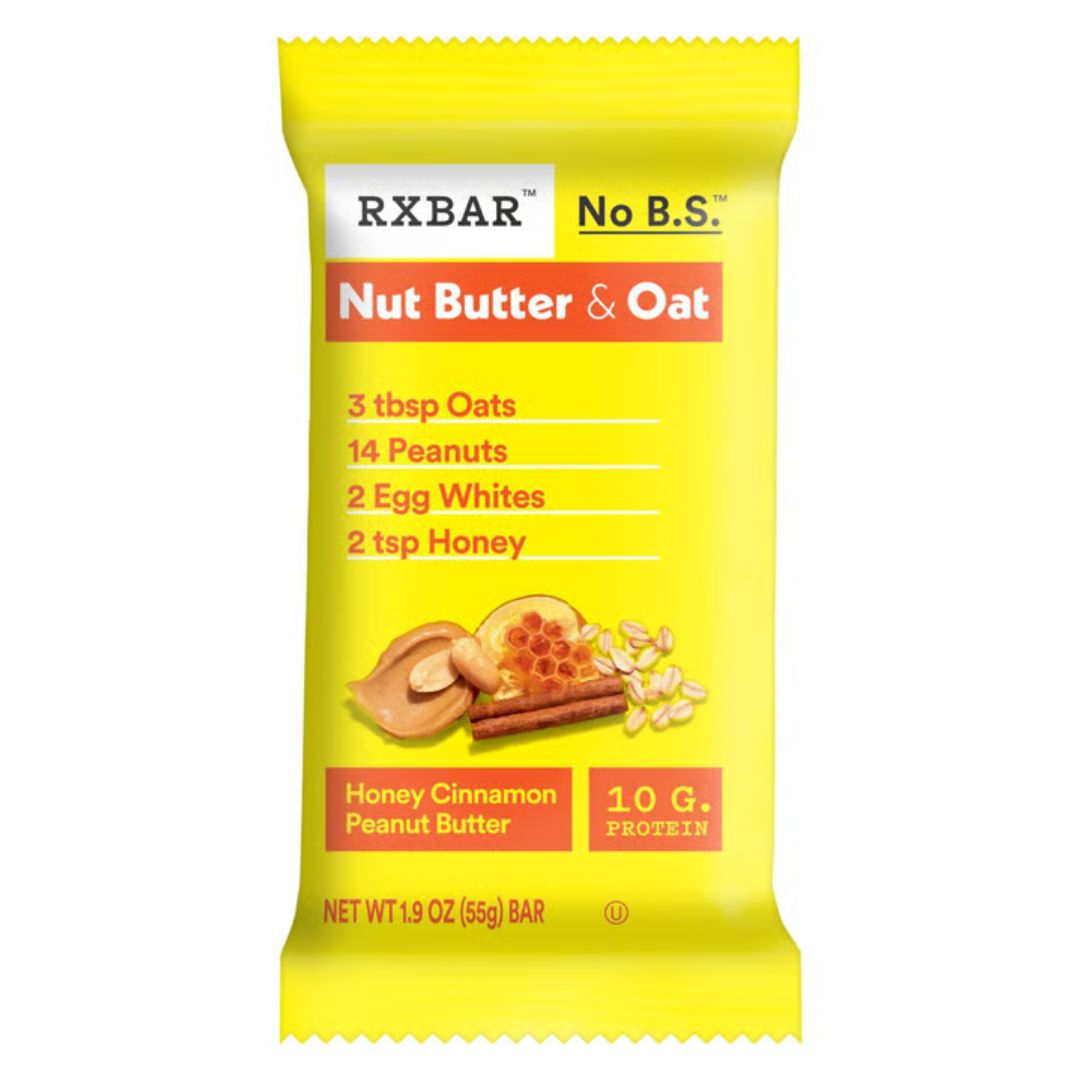 BARRA DE MANTEQUILLA DE NUECES AVENA MIEL CANELA Y MANTEQUILLA DE MANÍ RXBAR