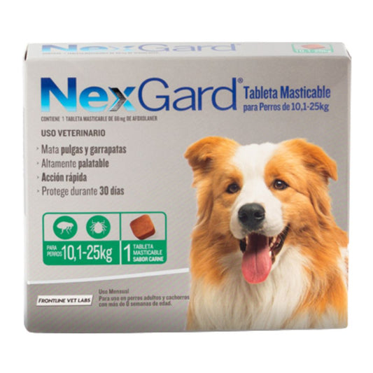 TABLETA MASTICABLE PARA PERROS SABOR CARNE 10.1 A 25 KG NEXGARD 1 UND