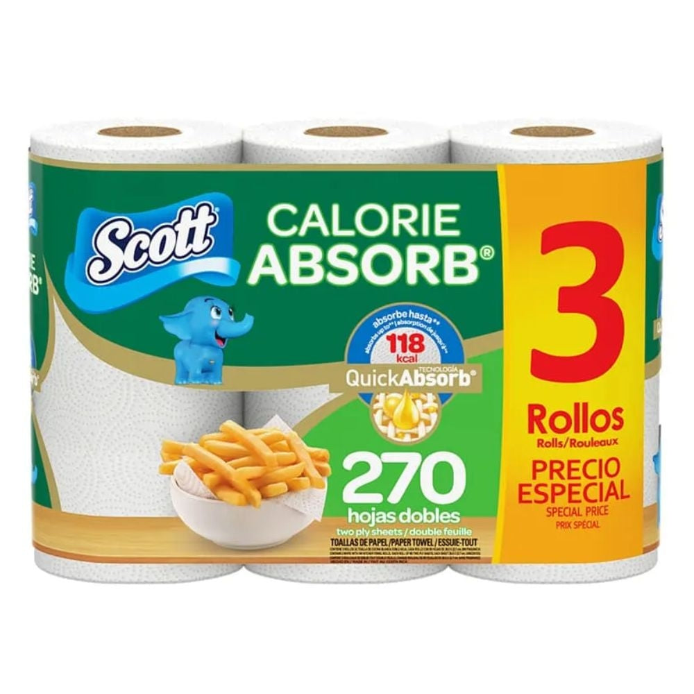 PAPEL TOALLA CALORIE ABSORB SCOTT 3 ROLLO
