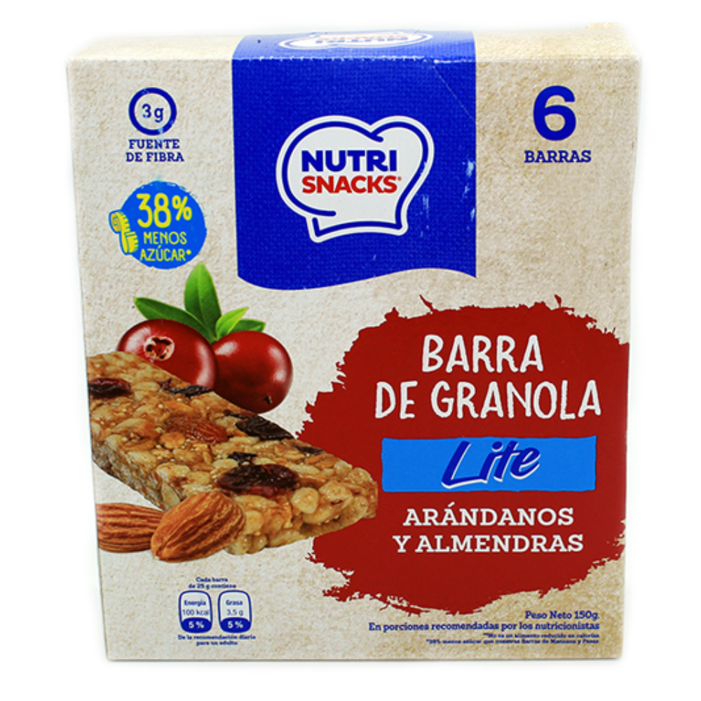 BARRA DE GRANOLA SIN AZUCAR ARANDANOS Y ALMENDRA NUTRI SNACKS 6 UND