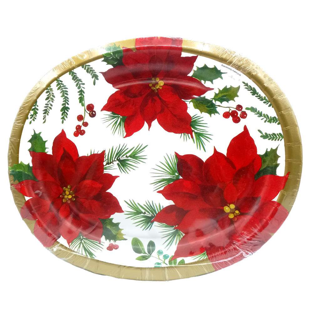 PLATO DESECHABLE OVALADO DECORADO NAVIDEÑO POINSETIAS N10 – 8 UND