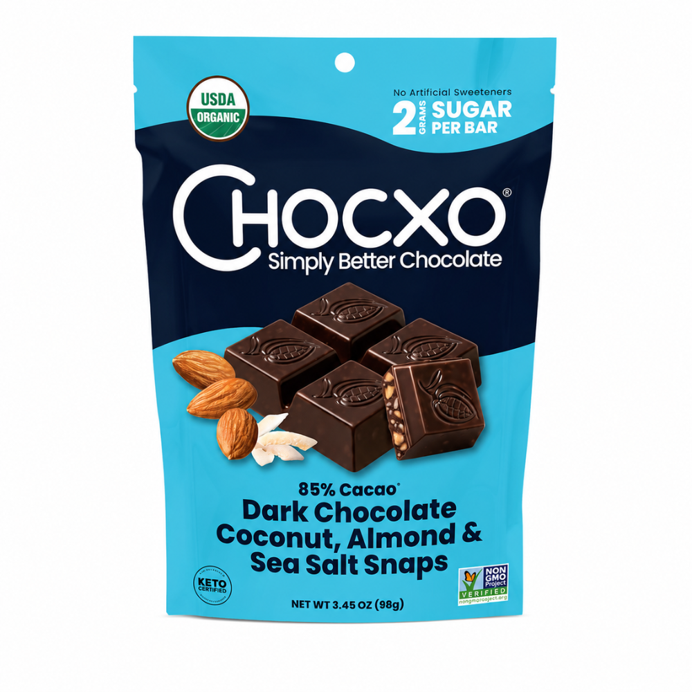 CHOCXO SNAPS DE CHOCOLATE OSCURO CON COCO, ALMENDRAS Y SAL MARINA 98 GRS