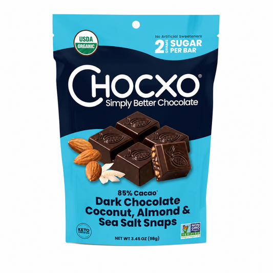 CHOCXO SNAPS DE CHOCOLATE OSCURO CON COCO, ALMENDRAS Y SAL MARINA 98 GRS