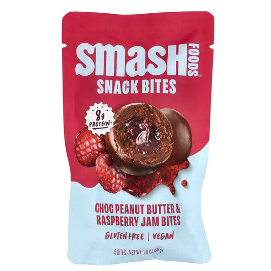 BOCADITOS CHOCOLATE MANTEQUILLA DE MANÍ Y MERMELADA DE FRAMBUESA SMASH FOODS 1.8 OZ