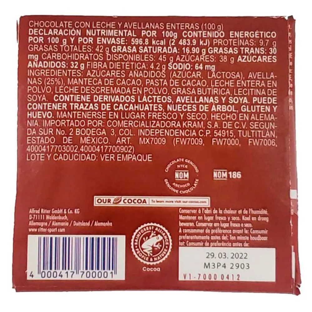 CHOCOLATE RITTER SPORT LECHE CON AVELLANAS Y PASAS 100 GR