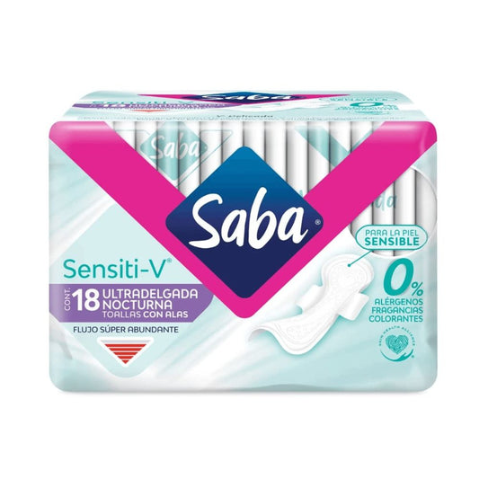 TOALLAS SANITARIAS SABA SENSITIV ULTRADELGADA NOCTURNA 18 UND