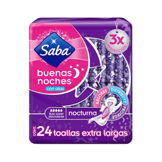 TOALLAS SANITARIAS SABA NOCTURNA EXTRA LARGA CON ALAS 24 UND
