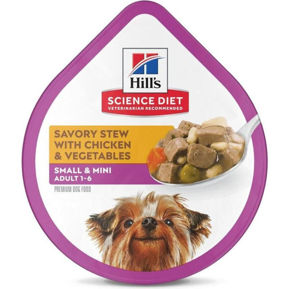 ALIMENTO HÚMEDO PREMIUM PARA PERROS ADULTOS DE 1 A 6 AÑOS HILL'S SCIENCE DIET CON ESTOFADO SABROSO DE POLLO Y VERDURAS, TAMAÑO PEQUEÑO Y MINI