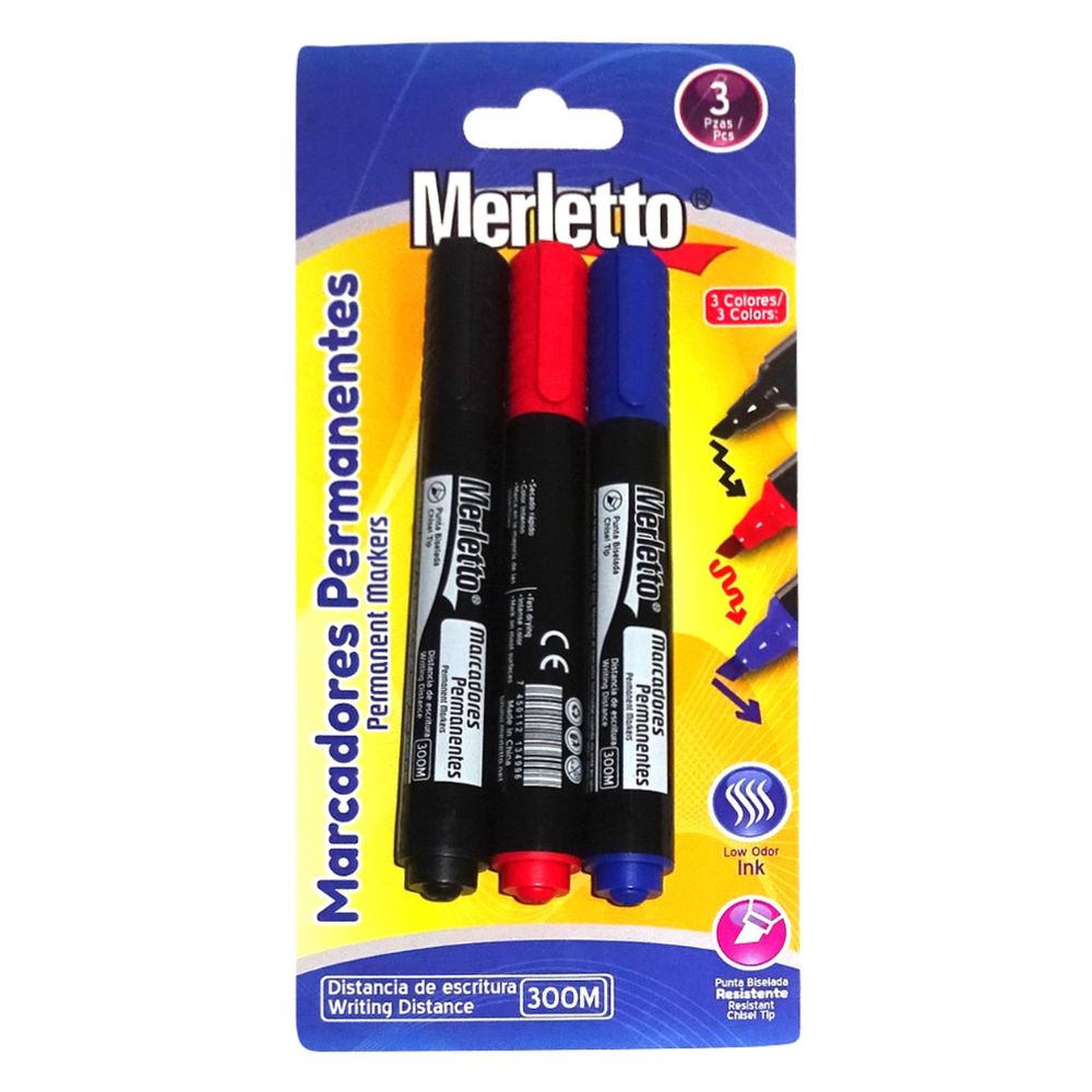 MARCADORES PERMANENTES AZUL NEGRO Y ROJO MERLETTO 3 UND
