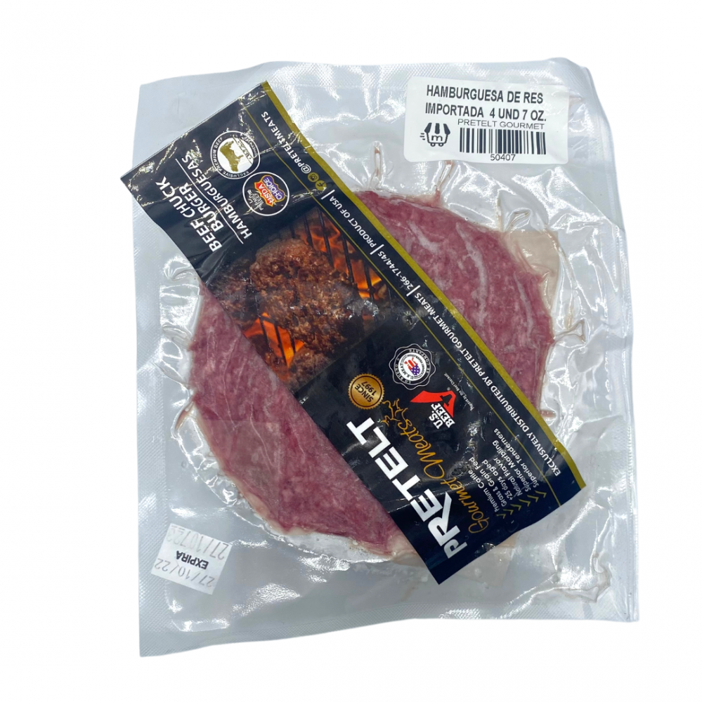 HAMBURGUESA DE RES IMPORTADA PRETELT 4 UNIDADES 7 OZ