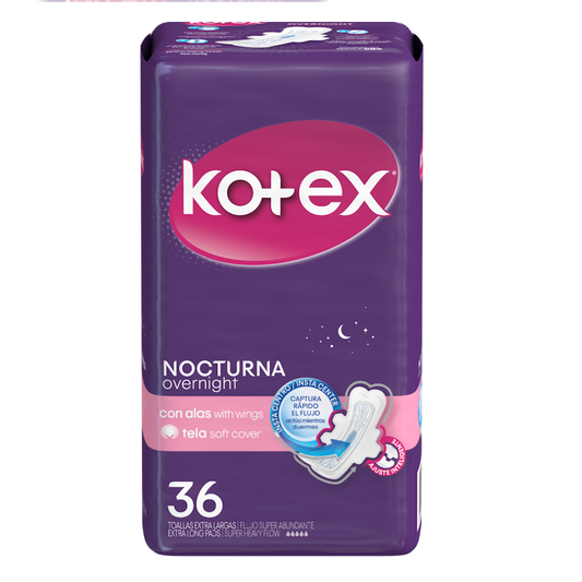 TOALLAS SANITARIAS KOTEX NOCTURNA CON ALAS 36 UND