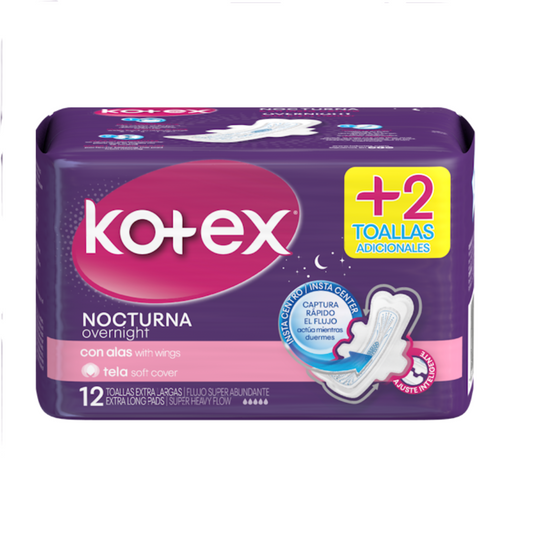 TOALLAS SANITARIAS KOTEX NOCTURNA CON ALAS 12 UND