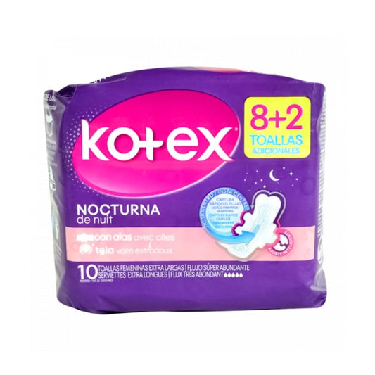 TOALLAS SANITARIAS KOTEX NOCTURNA CON ALAS 10 UND