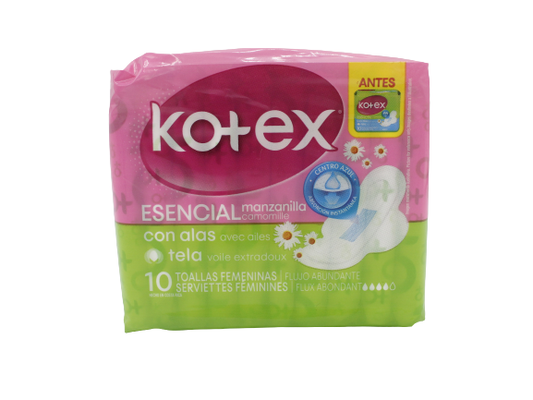 TOALLAS SANITARIAS KOTEX ESENCIAL MANZANILLA CON ALAS 10 UND