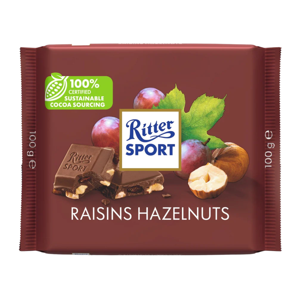 CHOCOLATE RITTER SPORT LECHE CON AVELLANAS Y PASAS 100 GR