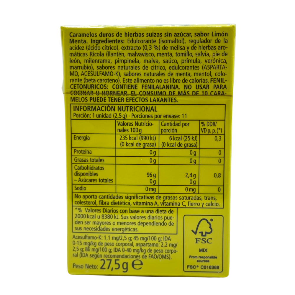 PASTILLA RICOLA LEMON MINT SIN AZUCAR 27.5 GR
