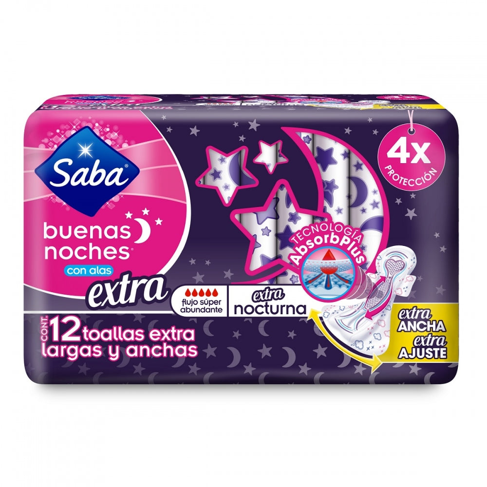 TOALLAS SANITARIAS EXTRA LARGAS SABA BUENAS NOCHES CON ALAS 12 UNIDADES