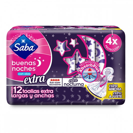 TOALLAS SANITARIAS EXTRA LARGAS SABA BUENAS NOCHES CON ALAS 12 UNIDADES